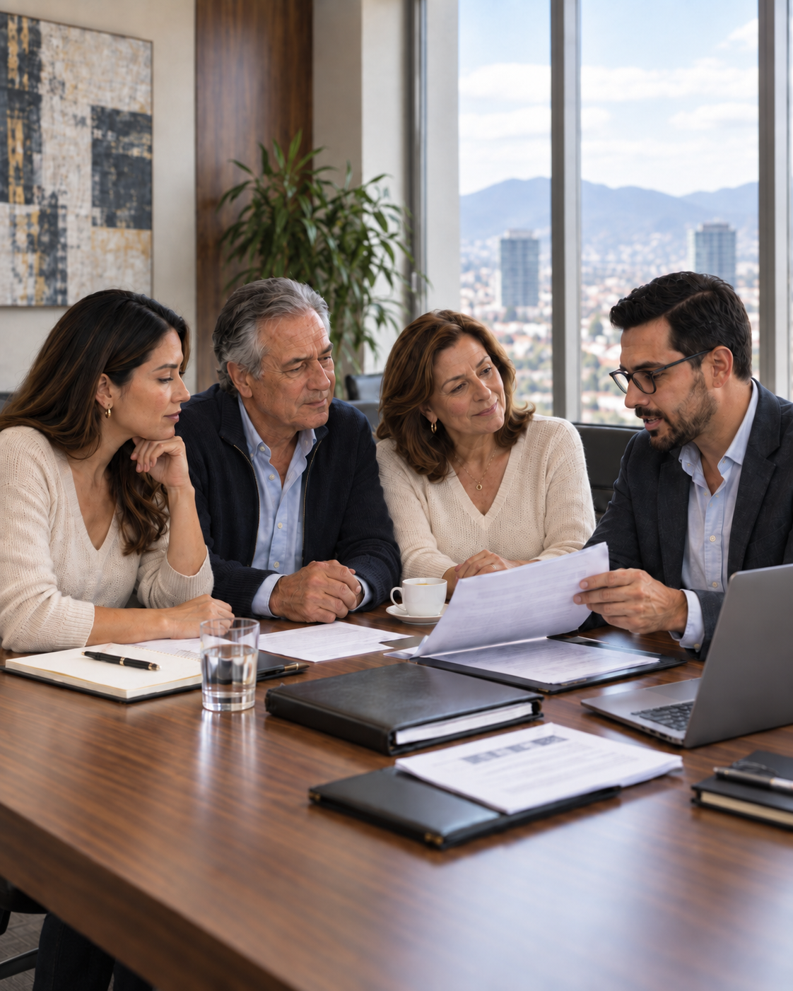 Reunión de una empresa familiar revisando documentos con su asesor legal